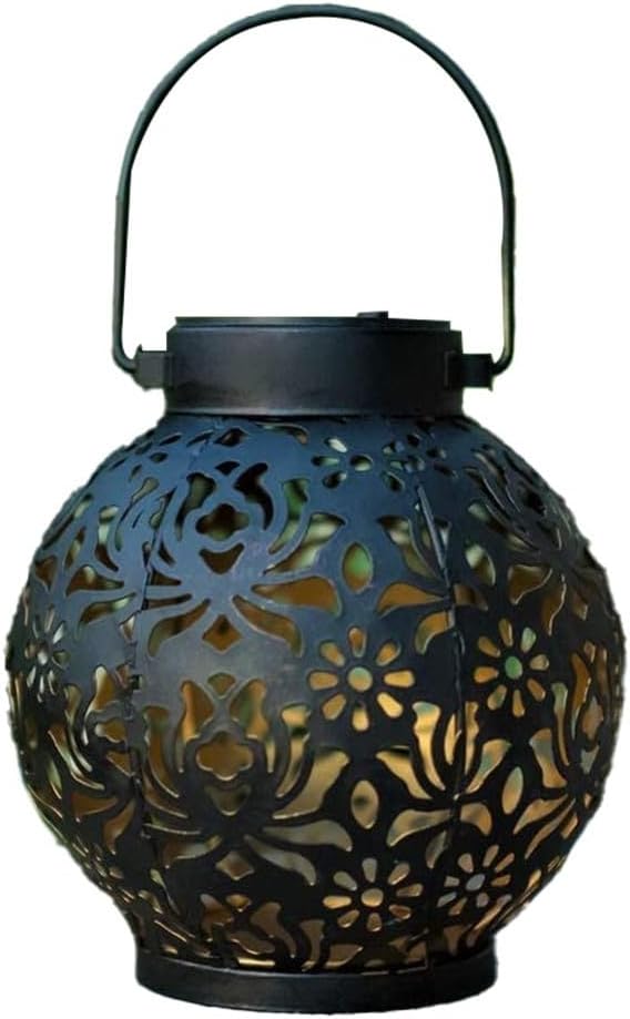 Solar Lantern Light Outdoor, Rose Shape Iron Garden Lawn Lamp, Automatic Dusk to Dawn Solar Powered Landscape Lighting Yard Patio Walkway, Black