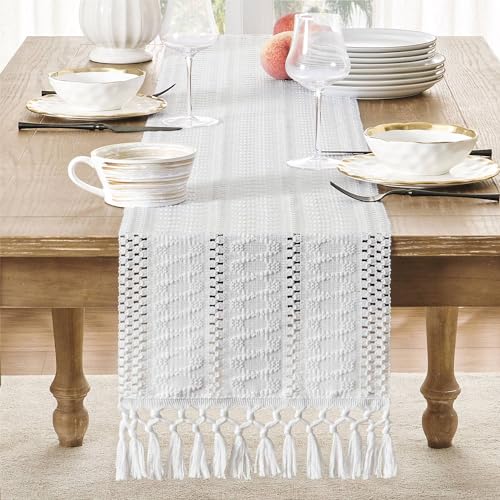 Image of ZeeMart Macrame Style Boho Table Runner, White Table Runners 48 Inches Long, Farmhouse Woven Home Decor, 12x48 Inch, White