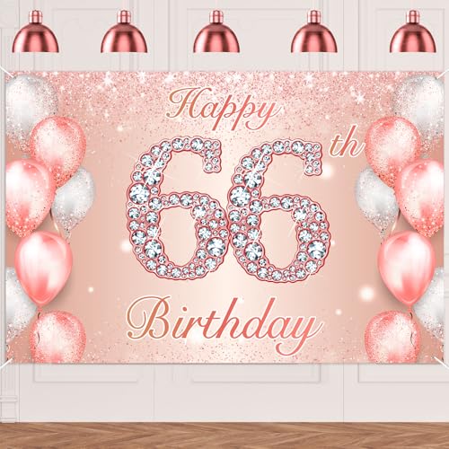 Image of Happy 66th Birthday Rose Gold Banner Cheers to 66 Years Old Backdrop Confetti Balloons Theme Decor for Women 66 Years Old Pink Birthday Party Decorations Bday Supplies Background Favors Gift Glitter