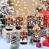 Acellegic 6 Pack Christmas Glass Cup Gift 16 oz Winter Xmas Drink Glasses with Bamboo Lids and Straw Snowman Snowflake Coffee Mugs Christmas for Women Holiday Xmas Employee Motivation Thank You Gift