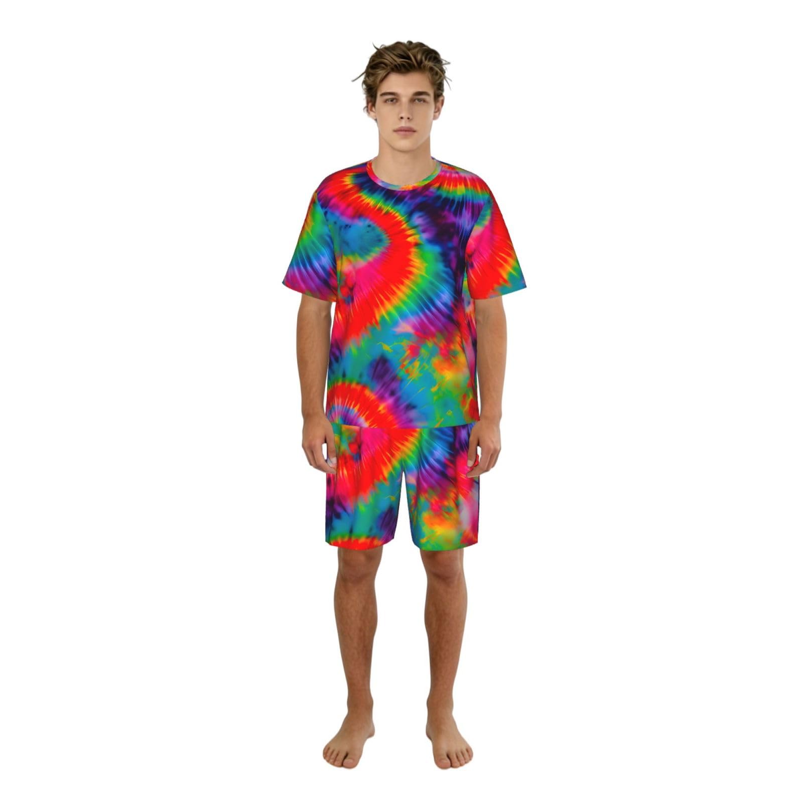 Conjunto de pijama clásico con estampado de teñido anudado colorido para hombre, pantalones cortos de pijama suaves para hombre, perfecto para las noches de verano