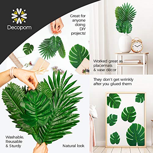 Decopom Palm Leaves Artificial Tropical Monstera-84Pcs 6 Kinds Large Small Green Fake Palm Leaf with Stems for Safari Jungle Hawaiian Luau Party Table Decoration Wedding Birthday Theme Party - Image 3