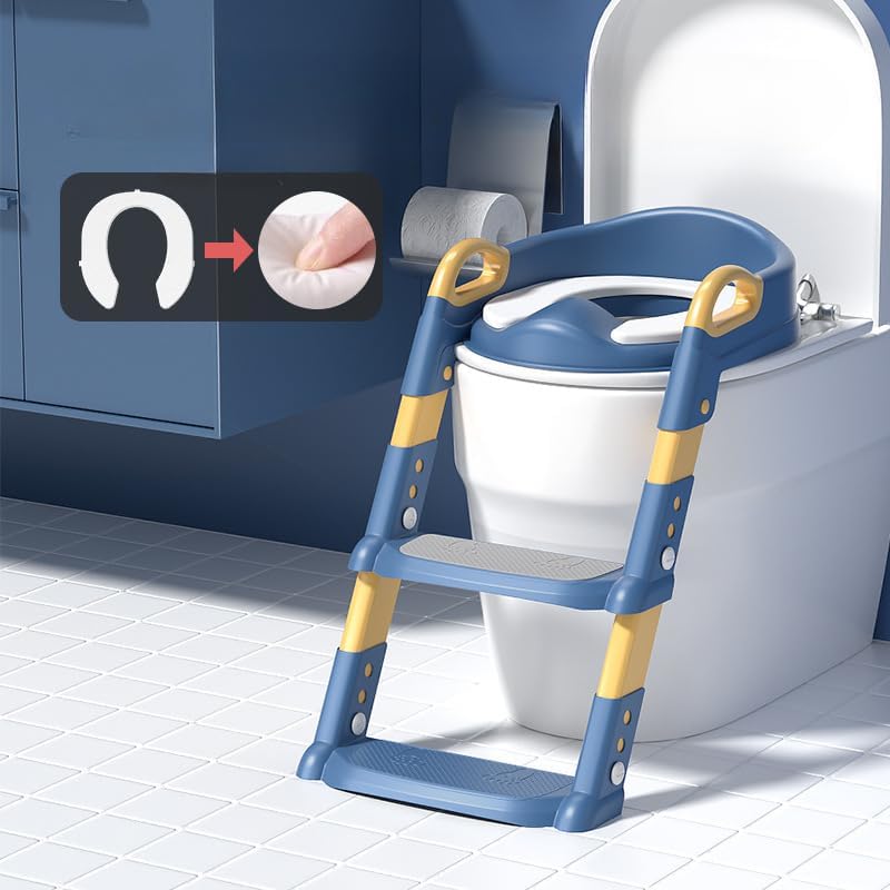 厕所训练器 带踏板 折叠 儿童踏板 兼容马桶座 带PVC垫 (蓝色)