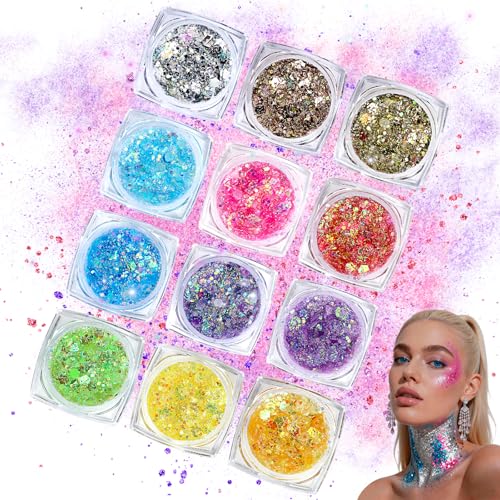 12 Farben Festival Glitzer Gesicht Gel Body Glitter Festival Zubehör Fluoreszierendes UV Körperglitzer Set Gesichtsglitzer für Festival Party Karneval Konzert & Sommer Make-up