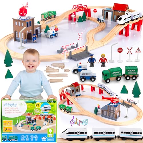 Green Series Kinderplay Train en Bois Enfant - Circuit Long de 378 cm Avec Véhicules et Rails - GS0010