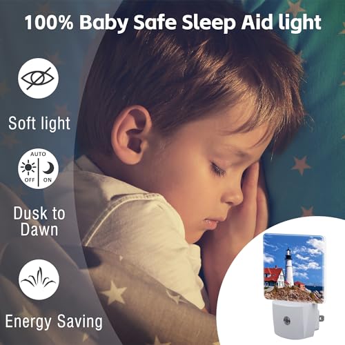 Image of Beautiful White Lighthouse Night Light Plug into Wall, Ocean Seaside Lighthouse Dusk to Dawn Night Light Plug in,0.5w Energy Saving Sleep Friendly Nightlight for Kids Boys Girls Home Decor
