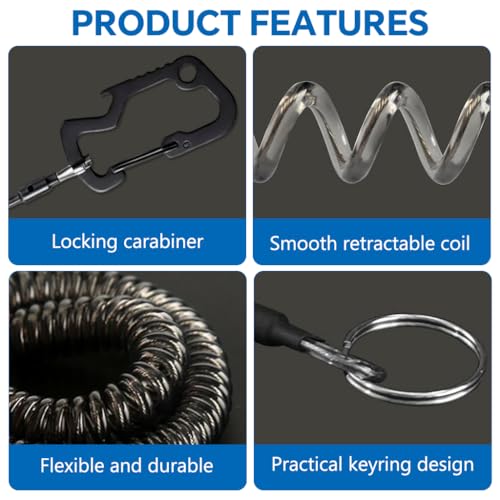 Image of Proberos 2Pcs Fishing Lanyard Safety Rope, 1.2m Extendable Heavy Duty Retractable Coiled Lanyard Stainless Steel Security Tether with Locking Carabiner, for Keys, Fishing Gear, Camping & Outdoor Use