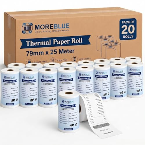 Image of MOREBLUE Thermal Paper Roll 3 Inch (79mm x 25m, 55 GSM) | Ink-Free Receipt Paper for POS, Billing Machine, Credit Card Machine & Thermal Printer (Pack 20)