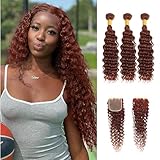 AUROO Reddish Brown Deep Wave Bundles with Closure Human Hair, 12A Auburn Red Curly Weave sew in Thick Track Copper Red Deep Wave Human Hair 3 Bundles with 4x4 HD Lace Closure Free Part 14 16 18+14In