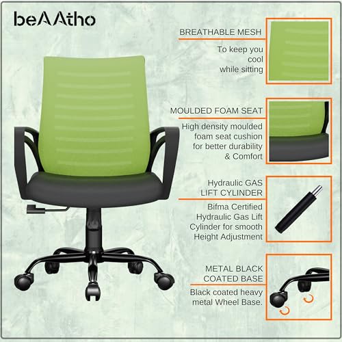 Image of beAAtho Verona Mesh Mid-Back Ergonomic Desk Office Chair with Tilting Mechanism, Comfortable Seat, and Revolving Heavy Duty Metal Base | Ideal for Work from Home & Study (Green)