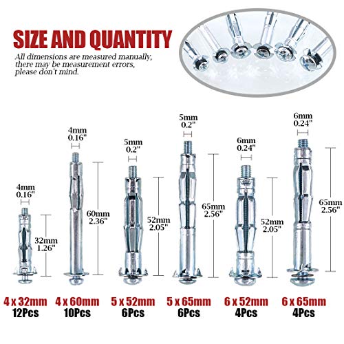 image for Hilitchi 42-Pcs [6-Sizes] Metal Zinc Plated Steel Hollow Wall Anchors 