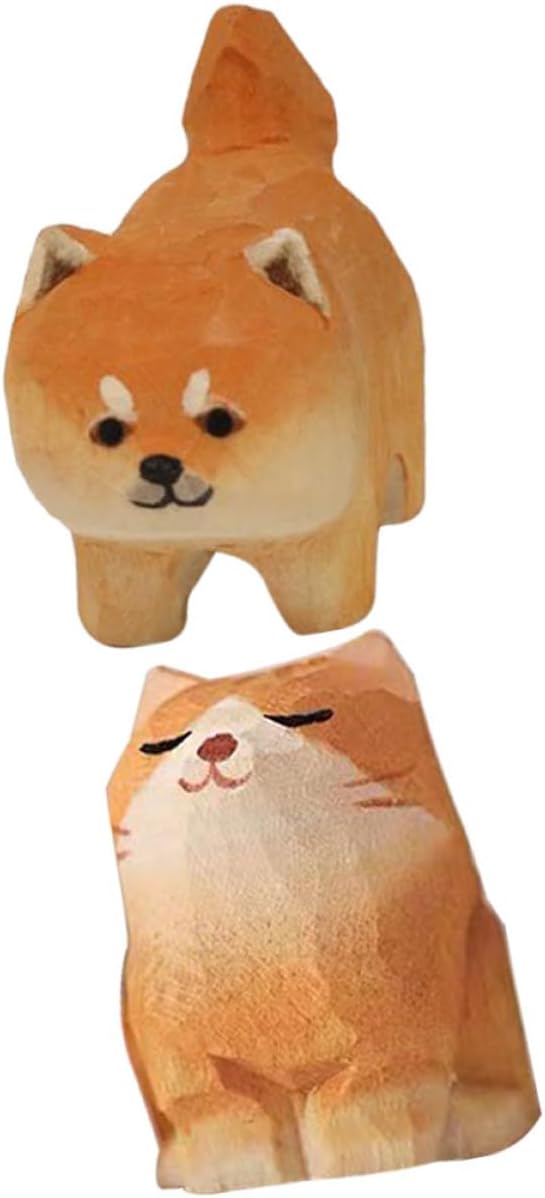 Luxshiny 2pcs Wooden Carving Cat Dog Figurines for Home Decor