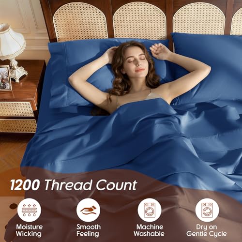 Image of 100% Egyptian Cotton Sheet Set 4 Pcs , 1200 TC, 16 inch Deep Pocket Sheet Queen | Long Staple Cotton Sheet, Soft and Breathable, 1 Fitted Sheet, 1 Flat Sheet, 2 Pillowcase Cozy for All Season, Navy Blue