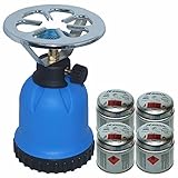 Rsonic Gaskocher C190 Blau + 4x Butane cartridge (je 190g) • Blue Portable mini Camping kocher mit 4 Butane Gaskartuschen• Campingkocher ideal zum Kochen Essen oder Wasser aufwärmen oder für Shisha Naturkohlen geeignet