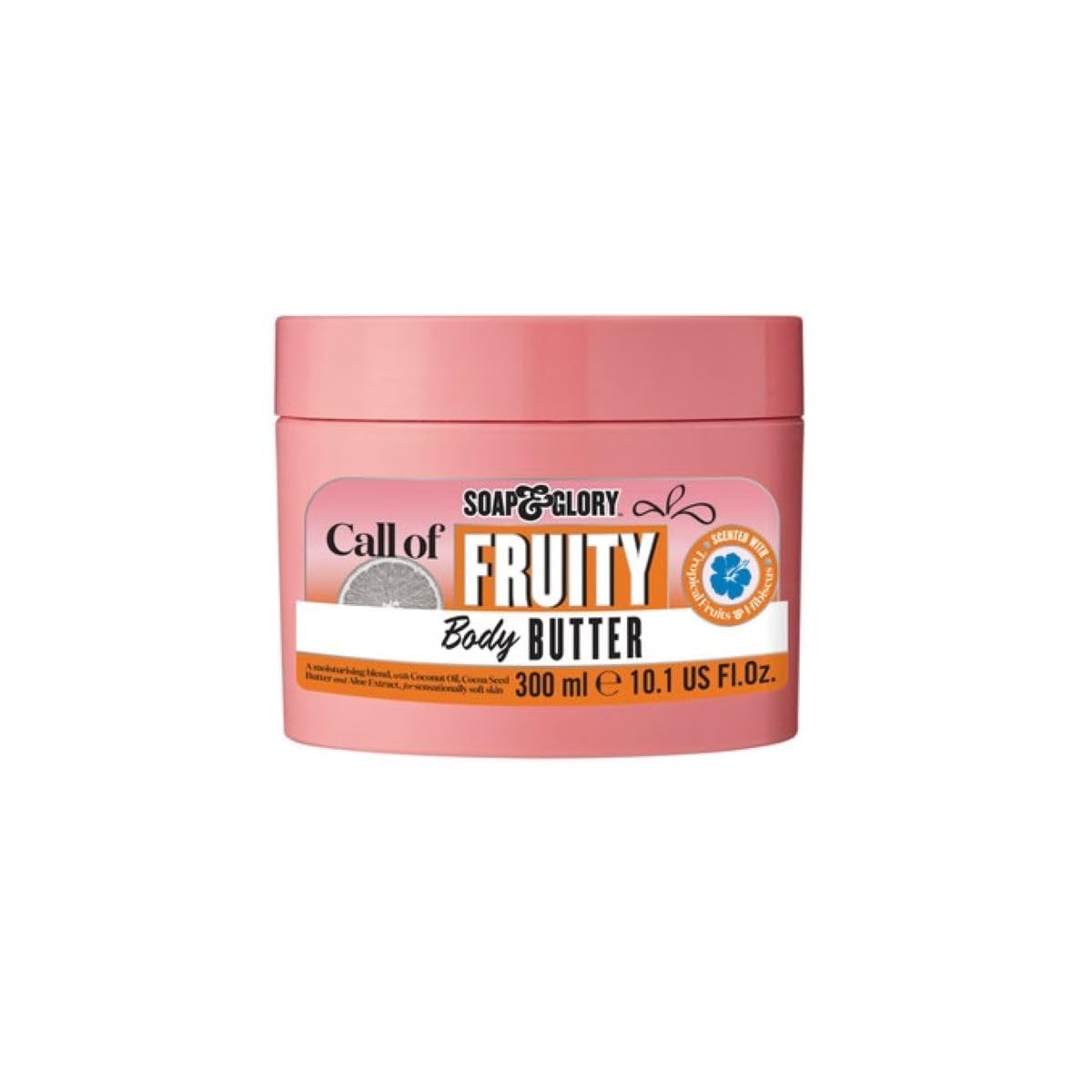Soap & Glory Call of Fruity Body Butter – Moisturizing Body Cream with Vitamin E, Coconut Oil & Aloe Extracts – Tropical Fruits, Juicy Melon & Hibiscus Cocoa Butter for Dehydrated Skin (300ml)
