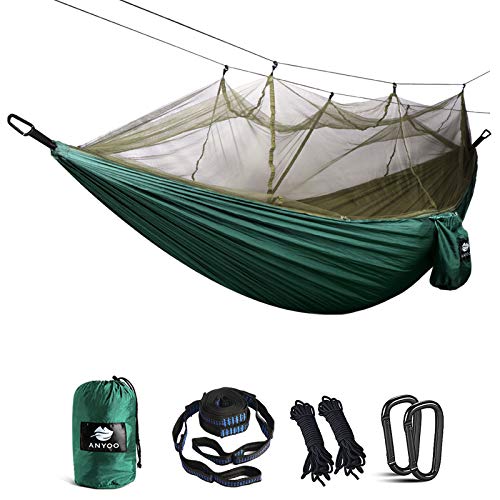 Anyoo Hamaca para Acampar con mosquitero Cama de Tela de Nylon de Paracaida Ligera Portatil para Viajar Excursionismo Mochilero de Viaje Cuerdas y Mosquetones Incluidos