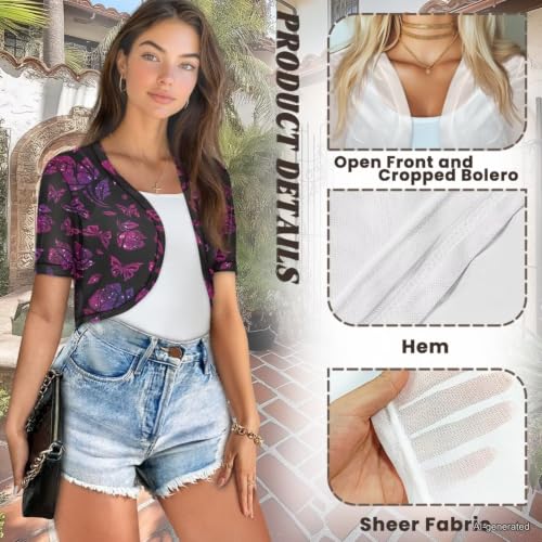 Image of Womens Short Sleeve Cardigans Lightweight Summer Cardigan Trendy Bolero Shrug Cute Floral Cardigan Sheer Bolero