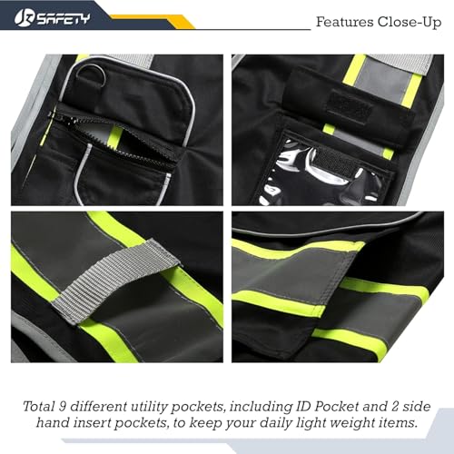 Image of JKSafety 9 Pockets Hi-Vis Fluorescent Color Zipper Front Safety Vest with Neon Color Extended Yellow Trims for Men and Women Work Safety Utility (901-Black S)