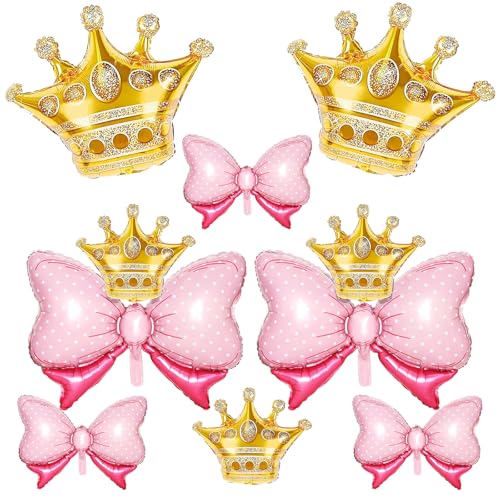 Image of 10 Pcs Gold Crown Balloons And Pink Bow Balloon Light Pink Bows Balloons | Light Pink Bows Balloons Large Gold Crown Foil Balloon With Two Sizes For Birthday Baby Shower Theme Party Wedding Bridal