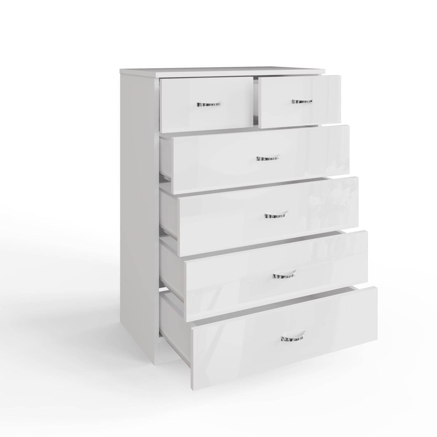 FWStyle White High Gloss Tall 6 Drawer Chest Bedroom Furniture Matt White Frame. H100 x W70 x D40cm.