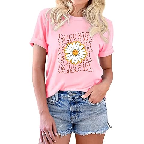 Mama T-Shirts Women Daisy Smile Graphic Pullover Mom Tee Shirts Cover