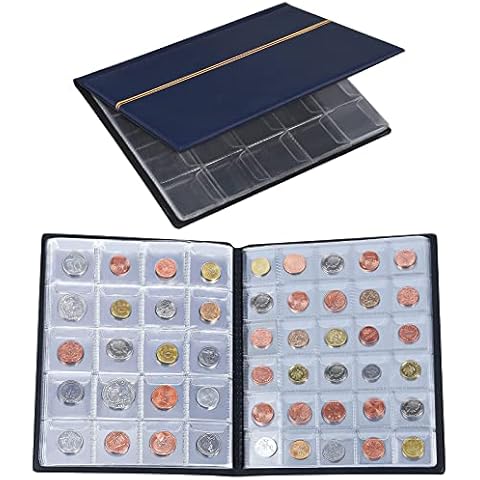 Ruisita Coin Collection Album 250 Pockets with 1 Tweezer Coin Storage Album Coin Holder Book Money Penny Pocket for Collectors, 8.58 x 6.61 Inch (Blue) Cover
