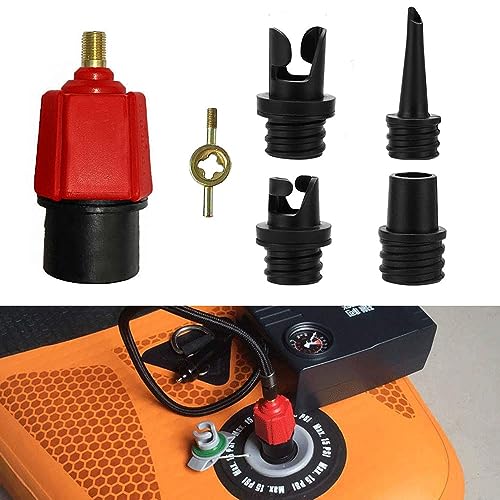 PeSandy SUP Pump Adaptor Air Valve Converter, 7MM Inlet Opening Air Pump Converter with 4 Standard Air Valve Nozzles for Inflatable Boat, Stand Up Paddle Board, Inflatable Bed, Etc - Red