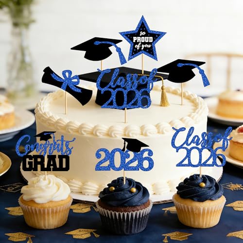 Image of 48 PCS Grad Cupcake Toppers, 6 Styles Graduation Cake Topper, Congrats Graduation Decorations 2026, Glittery Black and Blue Cap and Diploma Cake Picks for Grad Decor Party Supplies