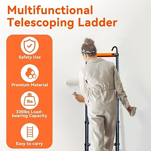 FEETE Teleskopleiter, Aluminium, leichte Verlängerungsleiter mit Dreieck-Stabilisatoren und abnehmbaren Haken, 150 kg Kapazität, Teleskopleiter, Wohnmobil, zusammenklappbare Leiter für Zuhause,