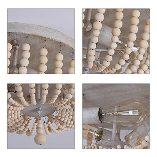 Q&S Wood Beaded Chandelier,3-Light Boho Farmhouse Semi Flush Mount Ceiling Light,Oak White Bohemian Light Fixture for Nursery Bedroom Hallway Kitchen UL Listed by Q&S - Image 6