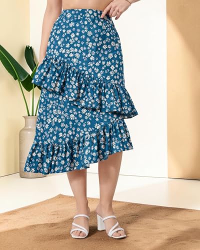 Image of OOMPH! Women Floral Printed Asymmetric Ruffled Midi Skirt | Elegant Flowy Fit | Mid-Rise | Lightweight & Breathable | Flared Hem | Summer Casual Skirt