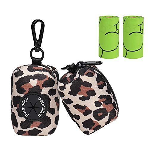Image of Petmolico Dog Poop Bag Holder Leash Attachment, Waste Bag Dispenser Zippered Pouch, Fits Any Leash, Includes Free Roll of Bags, 2 Pack - Leopard