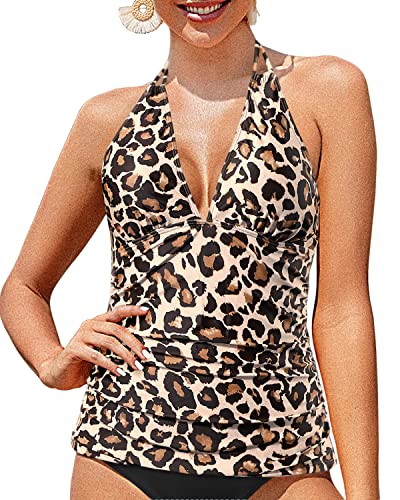 Image of Yonique Women's Halter Tankini Top V Neck Swim Top Tummy Control Bathing Suit