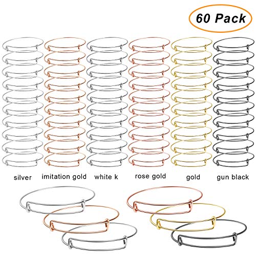 UPINS 60 Pcs Women's Expandable Bangle Bracelets, Adjustable Wire Blank Bangles for Jewelry DIY Making, 6 Colors