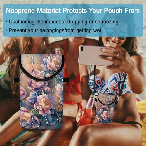 Image of Neoprene Cell Phone Sleeve Pouch Case Bag with Crossbody Strap Neck Lanyard for Women 7.5 X 4.3 in Rich Flower