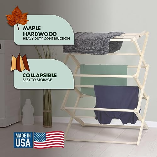 Image of Pennsylvania Woodworks Premium American Maple Clothes Drying Rack - Handcrafted in Pennsylvania - Solid Wood Construction, Collapsible, Eco-Friendly Laundry Solution (Large)