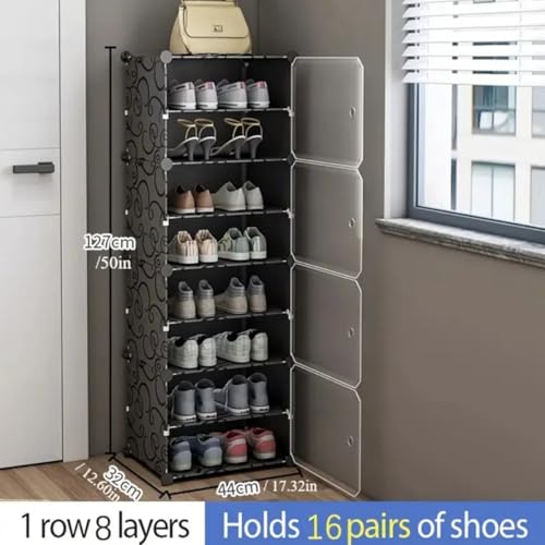 Image of Zemic DIY Plastic Shoe Rack with Door - 8-Shelf, 4-Door for Heels /Shoes - Home, Entryway, Hallway, Bedroom, Living Room (Black)
