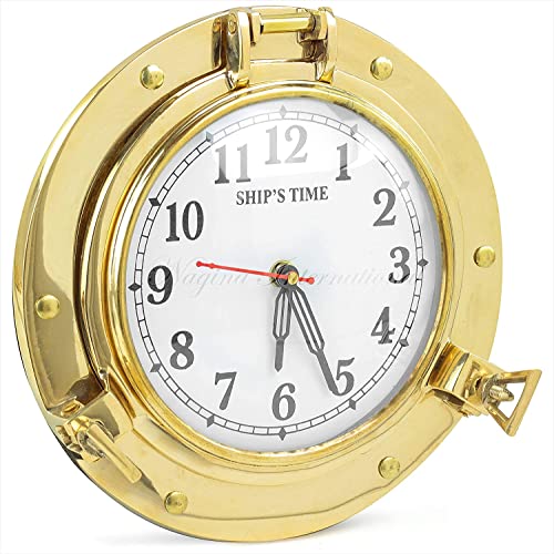Nagina International Orologio decorativo da parete in ottone anticato di alta qualità, stile nautico, 22,9 cm, stile vintage | Orologio decorativo a forma di oblò dei pirati (tempo di nave in ottone)