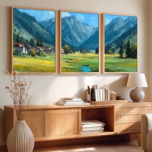 Image of kotart Abstract Nature Art Framed Paintings | Big Aesthetic Mountains View Painting | Vastu Frames for Bedroom Living Room Wall Decor Set Of 3 (13X17 inch)