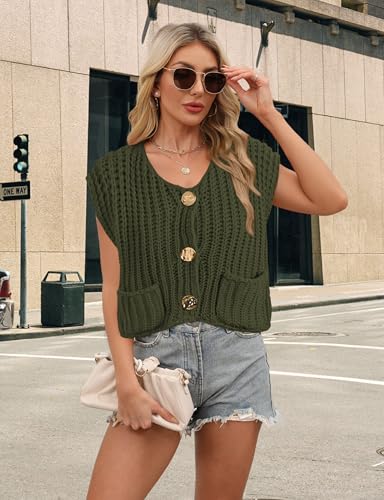 Image of Womens Cropped Sweater Vest Sleeveless Chunky Kint Cardigan Top Casual Warm Button Down Crop Tops with Pockets