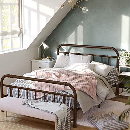 Image of VASAGLE Metal Headboard and Footboard, Pipe Frame, No Box Spring Needed Platform, Under-Bed Storage, Industrial Vintage Style, Queen Size, Brown URMB034BR