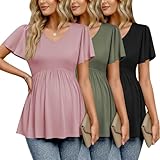 Ekouaer Maternity Shirts 3 Packs Flying Short Sleeve Maternity Tops V Neck T-Shirt Pregnancy Clothes Black/Army Green/Dirty Pink L