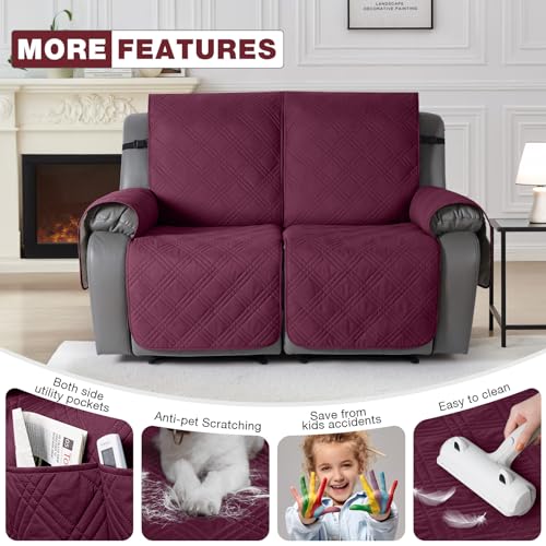 Image of TAOCOCO 100% Waterproof Recliner Loveseat Cover Non Slip Couch Cover for 2 Seat Reclining Sofa, Split Reclining Loveseat Covers 2-Piece with Straps for Kids Pets(2 Seater, Wine)