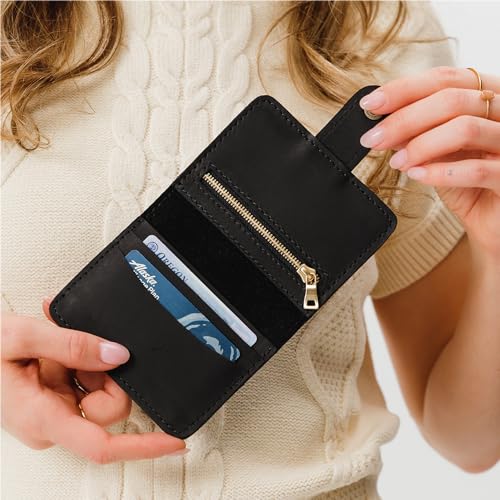 Image of Portland Leather Goods Women's Mini Bifold Wallet - Slim, Palm-Sized Design with Secure Snap Closure, 2 Card Slots, 2 Cash Slots & Zippered Coin Pocket - Black