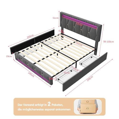 Hoscullo Polsterbett 140x200 cm mit 4 Schubladen,Jugendbett mit LED und Stauraum, Verstellbarem Kopfteil, Modern Doppelbett, Stauraumbett, Funktionsbett, Schlafzimmer Bett, Grau, Leinen – Bild 3