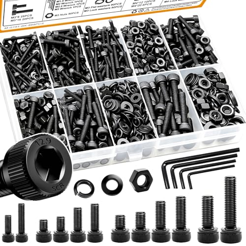 mankk 888PCS Metric Screw Assortment Kit M2 M2.5 M3 M4 Hex Socket Head Cap Bolts Nuts & Washers Set 12.9 Grade Alloy Steel Zinc Plated Metric Machine Screws