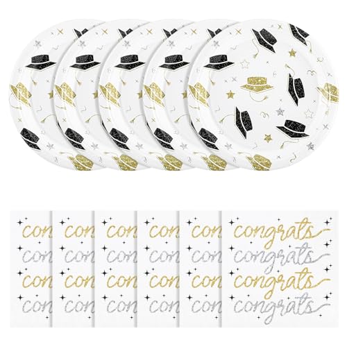 NatNarr 2026 Graduation Plates and Napkins 50 Pcs Black and Gold Graduation Decorations with 7 Inch Grad Dessert Cake Plates6.5 Inch Napkins for Class of 2026 Kindergarten Middle High College School