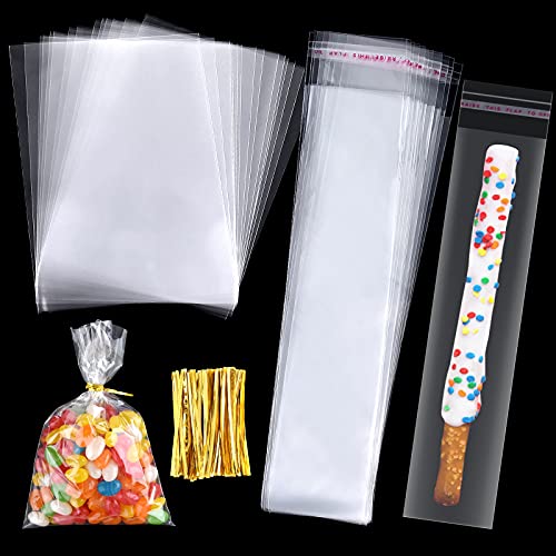 ASTARON 200 Pcs Pretzel Bags with Ties Pretzel Rod Bags Self Adhesive Birthday Party Treat Bags Pretzels Sticks Individual Clear Cellophane Bags for Cookies Candies