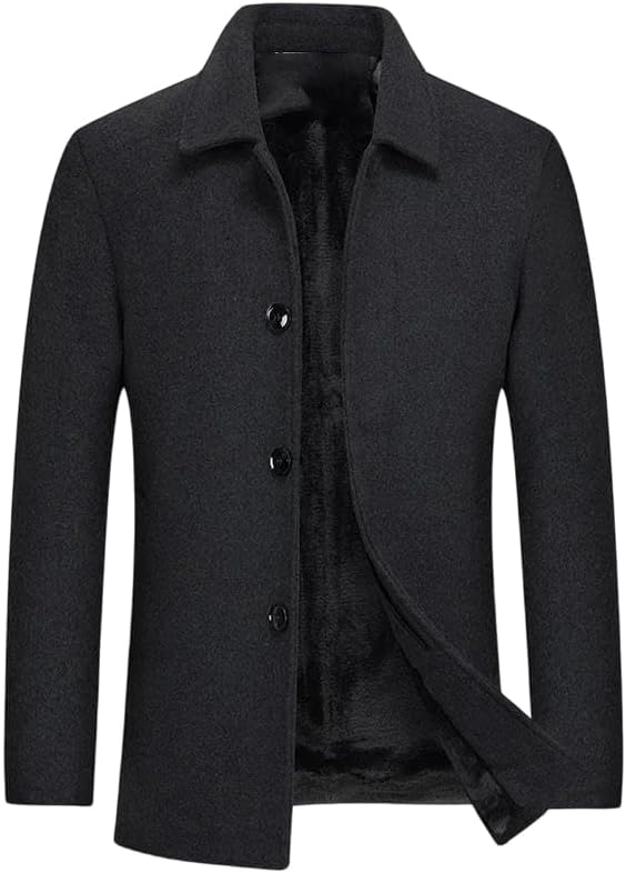 Men's Wool-Blend Pea Coat With Solid Wool Lining. Single-Breasted Winter Jacket