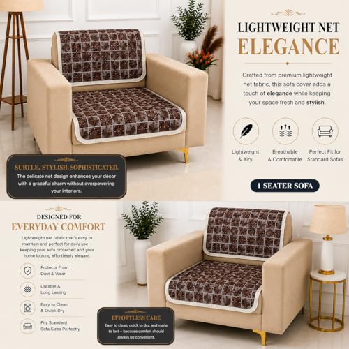 Image of Homerz Premium 'Maharaja Paradise Series' Sofa Cover | Net Fabric Sofa Cover | Washable, Anti-Dust Backed & Wrinkle Resistant Cover (Leafy Checks, 1 Seater, Seat Cover with Backrest)